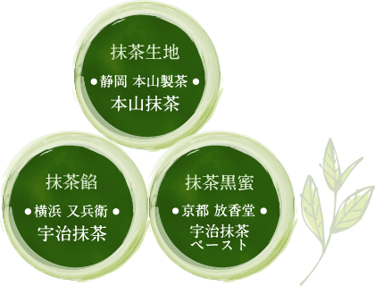抹茶生地●静岡 本山製茶●本山抹茶 抹茶餡●横浜 又兵衛●宇治抹茶 抹茶黒蜜●京都 放香堂●宇治抹茶ペースト